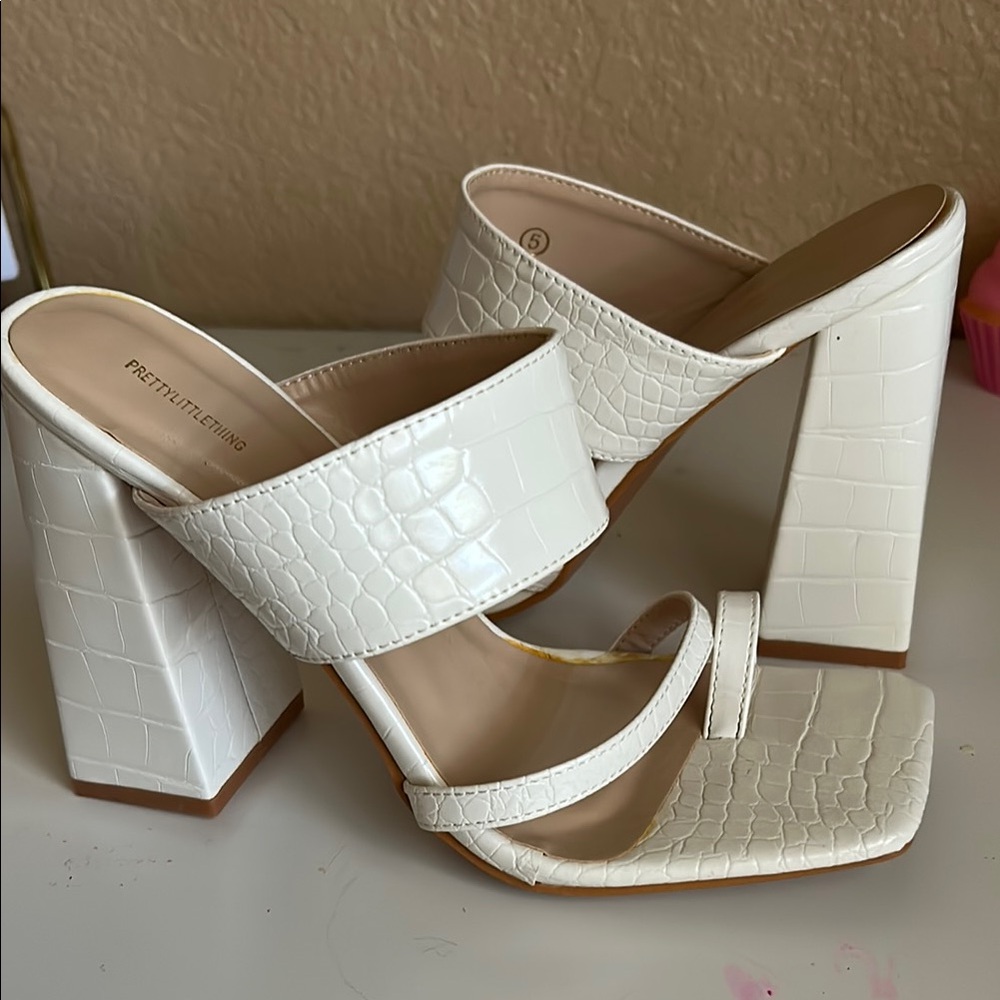 Prettylittlething White Croc-Embossed Heeled Sandals